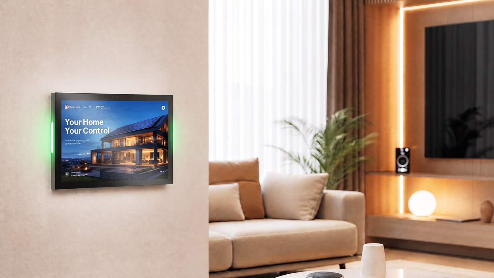 Pretech PoE wall-mounted smart control tablet in a premium living room