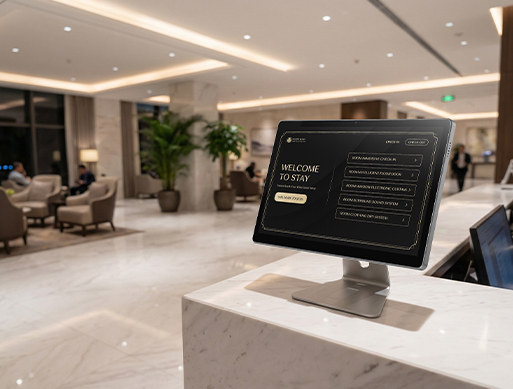 Hospitality / Finance: In-Room Control Center, Self Check-in Kiosk, Banking Queue Systems
